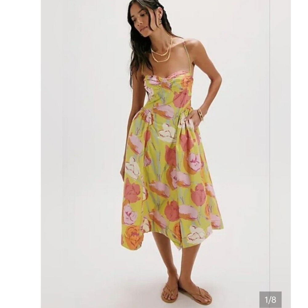 Free People Park Slope Midi Dress Daffodil Combo Floral Sweetheart Size 6 NEW